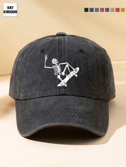 1pc Unisex Outdoor Casual Fashion Skateboard Skull Graphic Print Minimalist Black, Navy Blue, Multi-Color Options Beach, Camping, Party Vintage Washed Baseball Cap, Suitable For Daily Wear, Versatile, Fishing, Gift