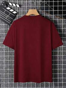 Plus Size Men's Minimalist Letter Print Round Neck Short Sleeve Casual T-Shirt, Easy To Match, Best Gift For Friends - Burgundy - View 2