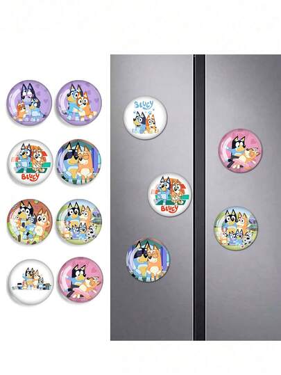  10 piezas/set Imanes de nevera de dibujos animados de la familia y amigos de Bluey, gemas de tiempo creativas, pegatinas para pizarra blanca, adecuadas para decoración del hogar, almacenamiento de cocina, pizarras blancas, decoraciones de cocina, regalos para fiestas de vacaciones