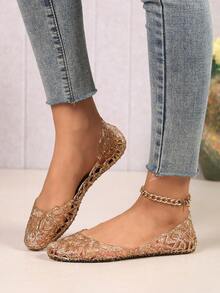 夏季闪亮镂空芭蕾平底鞋，透明镂空果冻鞋，适合海滩度假 - 金色 - 查看 3