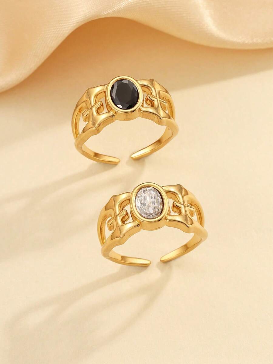 两件套不锈钢时尚简约金色戒指，镶嵌黑白水钻，适合女士日常佩戴或作为礼物 - 金黃色 - 查看 1