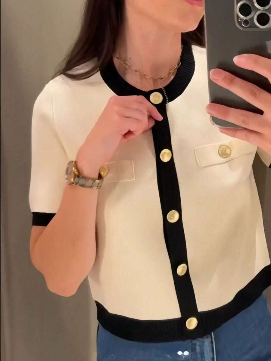 DEEKA Summer New Women's French Contrast Color Button Round Neck Fitted T-Shirt Short Sleeve Knit Cardigan Spring - White 1 - View 1