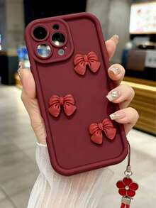 1个可爱3D蝴蝶结硅胶手机壳，带可拆卸腕带，酒红色，全摄像头保护，DIY装饰，防摔防滑防刮，兼容 17 Pro Max、17/16/15/14/13/12/11系列、S20-S25系列、Note 14/13/12系列、A56 5G，情人节/生日礼物，国际版，非国内版 - 酒紅色 - 查看 2