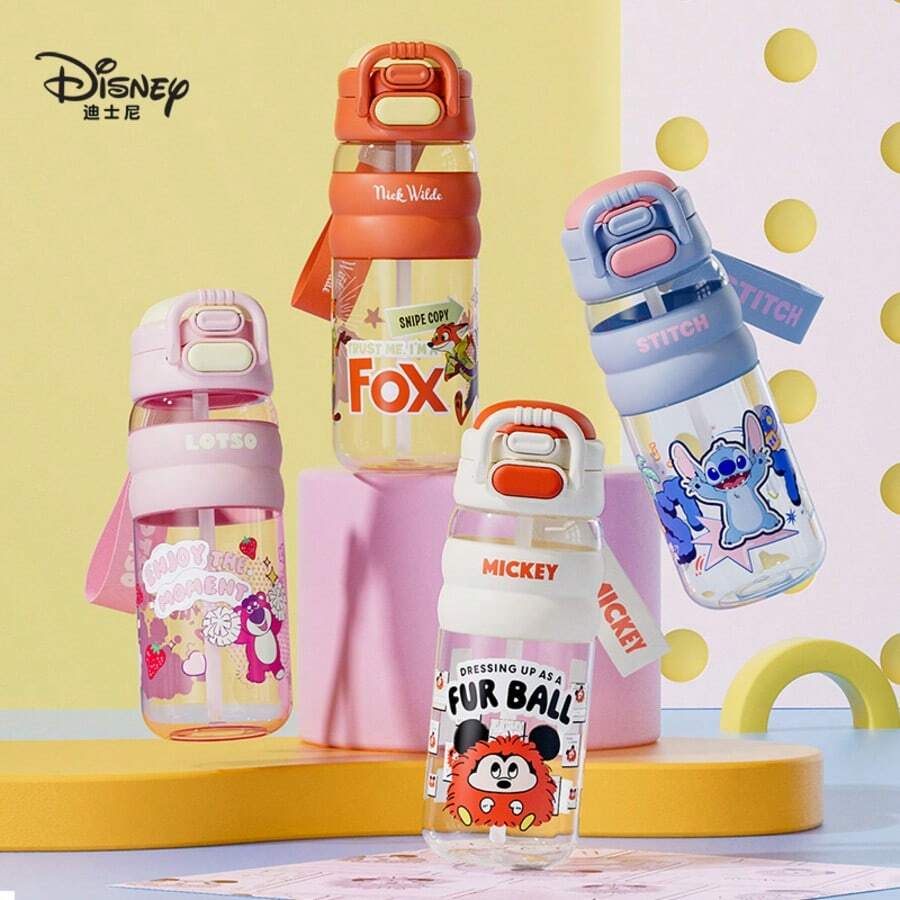 Disney 600ml Children's Dual-Spout Water Bottle, Tritan Material, Anti-Drop Straight Cylinder Design With Straw, Suitable For Students In Summer