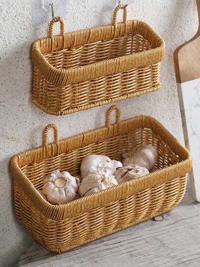 2pcs Rattan Woven Hanging Basket For Kitchen, Wall-Mounted Multipurpose Storage Basket -Wicker Baskets Handmade, For Fruits, Bread, Snacks, Boho Wall Decor, Room Decor, Kitchen Essentials