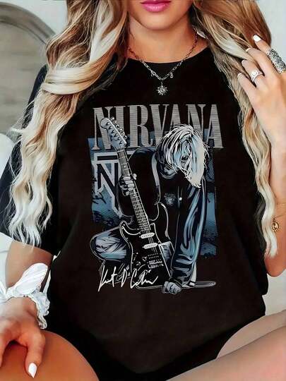 Camiseta con diseño  y guitarra eléctrica para amantes del rock y laúsica alternativa, estilo casual para mujeres. Disponible en talla/L/XL, color negro. Perfecta para conciertos y festivales. Alta calidad y comodidad. camiseta musical de moda,  2023.