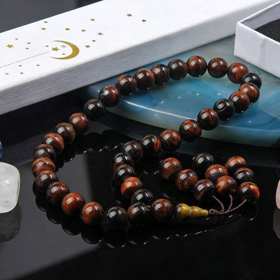 33颗10毫米天然红虎眼石手工念珠手链，精美礼品，适合情侣和家庭，附赠精美礼盒 - 紅色 - 查看 1