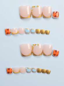 24片短款假指甲，金色和棕色豹纹3D钻石可爱合金亚克力美甲贴纸，附赠1支果冻胶和指甲锉，适合女性日常、约会、派对等场合。 - 彩色 - 查看 3