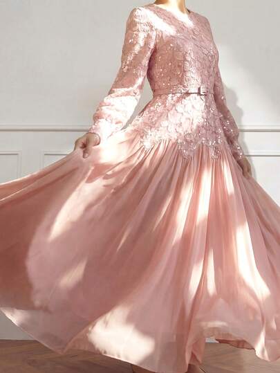 Women's New Elegant Sequins Jacquard Fabric Patchwork Design High-End Waist Slimming Luxurious Solid Color Dress, Elegant Party Lace Splice Zipper Waistband Wedding Pink