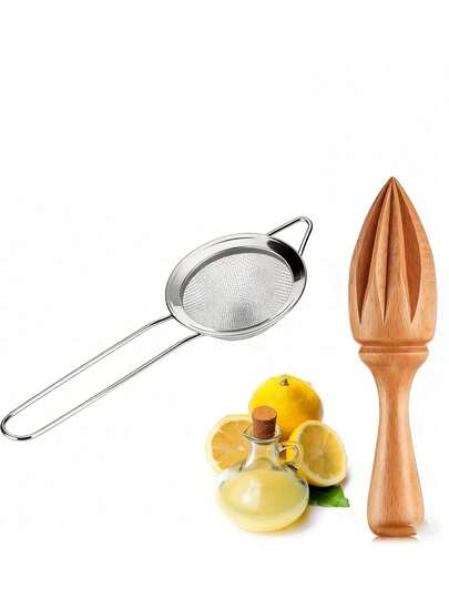 1/2PCS/Set- Wooden Citrus Reamer+Diameter 8CM Stainless Steel Filtering Spoon,Fruit Hand Juicer Beech Easy To Hold,Kitchen Fruit Tool Manual Orange Lime Lemon Juice Reamer Suitable For Daily Home Bar Cafe Restaurant Use