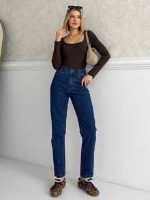 High Waist Knee Laser Ripped Boyfriend Mom Jeans, Solid Color Destroyed Asymmetric/Asymmetrical Pockets - Navy Blue - View 3