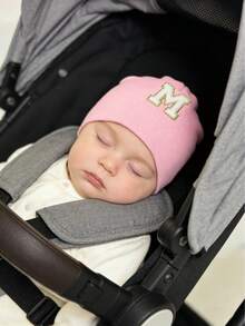 1顶柔软弹力婴儿针织帽，带有毛绒字母贴花和金色滚边，适合医院、睡觉、散步和拍照，适合0-3岁宝宝。 - 粉色 - 查看 5