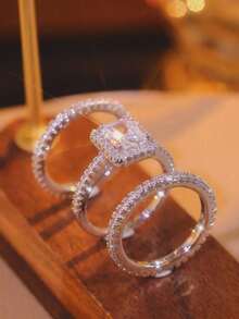 3 pièces Ensemble de bagues carrées en zircone cubique élégantes et glamour pour femmes, convient pour la décoration quotidienne, cadeau parfait pour elle pour la remise des diplômes/la rentrée, la Saint-Valentin, la Fête des Mères - Argent - Voir 11