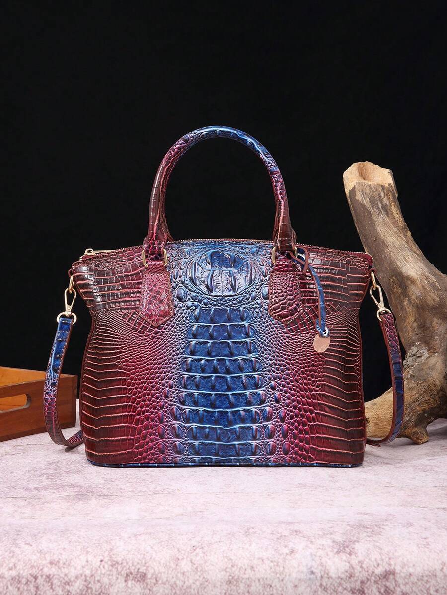 Women's Handbags Light Grey Crocodile Pattern Handbags Fashionable Commuting Large Capacity Shoulder Crossbody Shell Bag - European And American Style Light Grey Crocodile Pattern Women's Bag Crossbody Dual-Use Simple Commuting Large Capacity - 寶藍+紫紅 - 查看 1