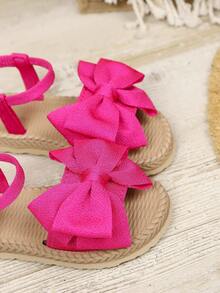 1 Pair Fuchsia Girls' Flat Sandals, Solid Soft Fabric With Bow Decor, Round Toe Open Toe, Elastic Flexible Sole, Fashionable Cute Bohemian Beach Sandals, Suitable For Daily Casual, Holiday, Party, Spring/Summer New Arrival - Hot Pink - View 7