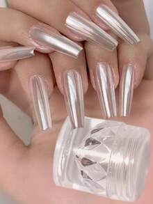Polvo de uñas blanco lunar, pigmento de arte de uñas con efecto de espejo holográfico con paleta esponja - Blanco - Ver 5