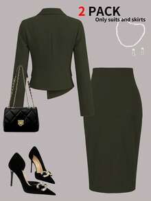 Bộ đồ 2 món thanh lịch dành cho nữ, gồm áo blazer kiểu dáng công sở và chân váy xẻ tà, thích hợp cho mùa xuân/hè. - Xanh quân đội 29 - Xem 4