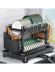 Dish Rack, 2 Tier Dish Drying Rack Dish Drainers For Kitchen Counter Storage Cutlery Holder Home Carbon Steel For Dishes,Cups,BowlsSpace-Saving Design Suitable For Women In Apartments Mothers Day - Black - View 2