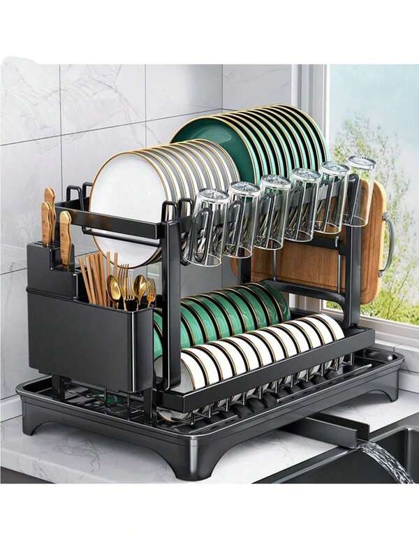 Dish Rack, 2 Tier Dish Drying Rack Dish Drainers For Kitchen Counter Storage Cutlery Holder Home Carbon Steel For Dishes,Cups,BowlsSpace-Saving Design Suitable For Women In Apartments