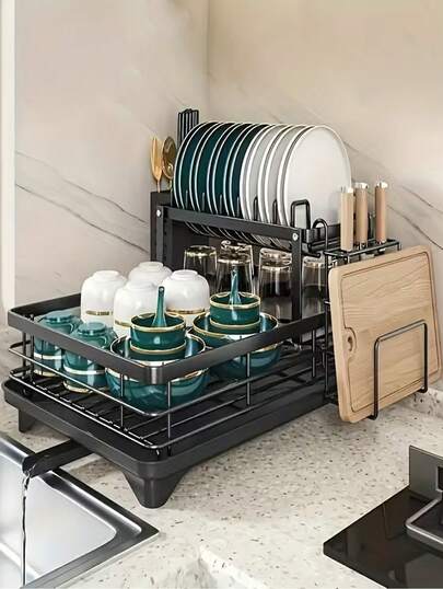 2 Tier Stainless Steel Dish Rack For Kitchen Counter,Dish Racks For Kitchen Counter And Sink - Large Dish Drying Rack With Drainboard & Utensil Holders - Stainless Steel Dish Drainers Home Essentials Kitchen Organization And Storage Kitchen Accessories