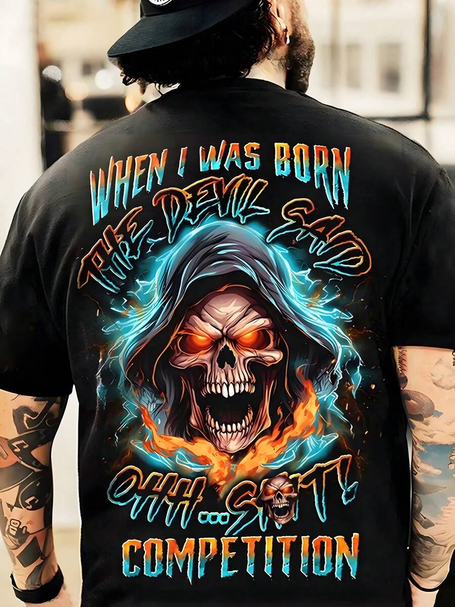 Men's Short Sleeve T Shirt Grim Reaper Skull Flame Design Street Wear Spring Autumn Winter Comfortable With Slight Stretch Regular Fit Crew Neck Everyday Carry Perfect Holiday Gifts Digital Printing Tshirt Casual Wears Men's Gifts Easter Day Easter Gifts, Love Gifts Matching Couple Tees | Casual Tshirt - 黑色 - 查看 1
