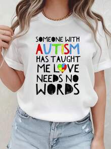 blusas para mujer tops, Camiseta con diseño de corazón y rompecabezas "Amor sin palabras" para apoyar a la familia. - Blanco - Ver 1