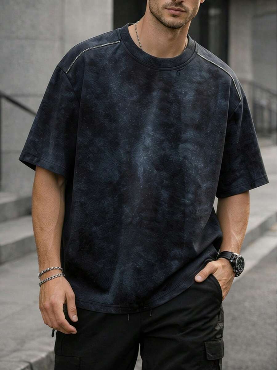 太同淼男士扎染圆领休闲运动T恤 - 黑色 - 查看 1