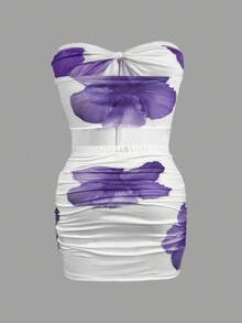 Floral Strapless Cropped Top And Skirt Set - Lightweight And Feminine - 紫丁香色 - 查看 5