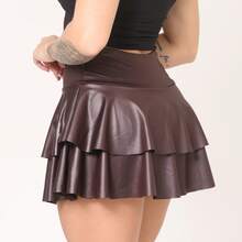 Luxury Double-Layer Ruffled Short Skirt In Cirre Fabric, High Waist, For Parties/Clubs - Óxido marrón - Ver 1