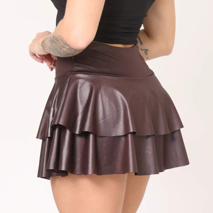 Luxury Double-Layer Ruffled Short Skirt In Cirre Fabric, High Waist, For Parties/Clubs - Óxido marrón - Ver 1