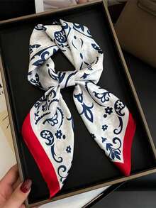 1pc 70*70cm Square Silk Scarf, Women's Satin Printed Headscarf, Neckerchief, Headband, Fashion Ladies Shawl, Scarf - Red Edge Blue and White - View 2