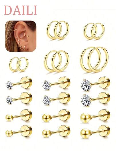 DAILI 11 pares de pendientes de botón de acero inoxidable con parte posterior plana de 14K oro - Pendientes de botón con múltiples agujeros de moda perfectos para el segundo agujero de la oreja y el cartílago, pequeños pendientes de botón perfectos