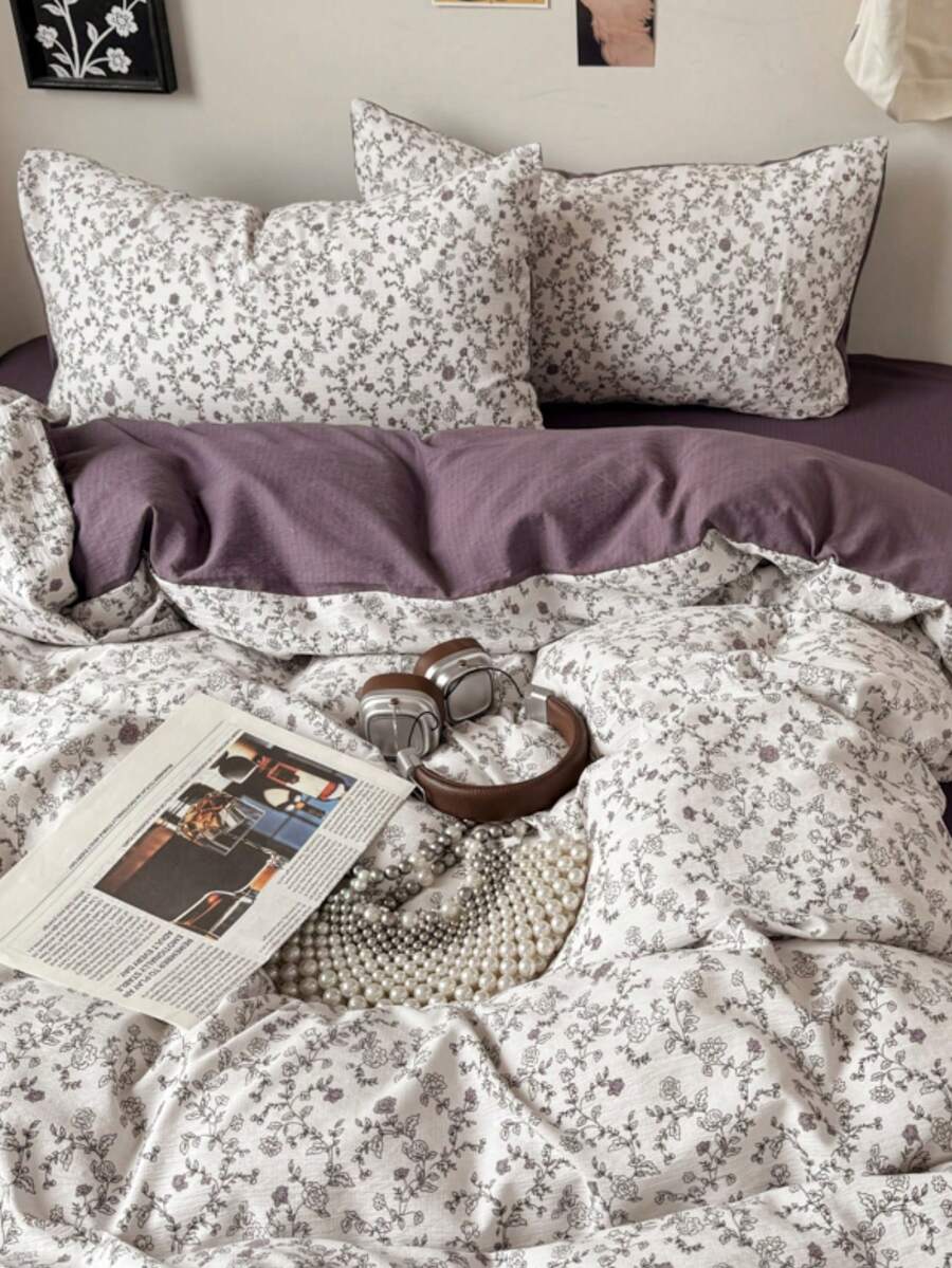四件套奢华复古米拉弗洛雷斯风格被套套装（1*被套+1*床单+2*枕套，不含被芯），紫色花卉图案，黑色和灰色叶子，纯色床单，适合情人节和日常使用，触感柔软，透气性佳，100%聚酯纤维面料，四季皆宜，可机洗，单人/双人/大号尺寸