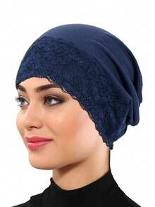 1pc New Lace Patchwork Headscarf, Muslim Women Daily Wear Turban Hat - Solid Color - View 7