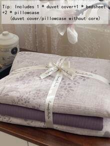 4pcs Butterfly & Wheat Floral Duvet Cover Set (1*Duvet Cover + 1*Flat Sheet + 2*Pillowcases), Ink Butterfly Print, Lavender Leaf Pattern, Luxurious Retro Style, Solid Color Sheet, Active Dyeing Process, With Tie Corners And Zipper Design, Versatile, Soft Texture, Machine Washable, Duvet Cover & Pillowcases Without Filler, Back To School - Purple - View 2