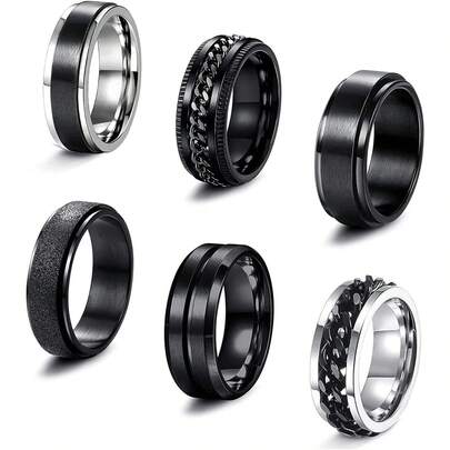 Diamday Bộ 6 chiếc nhẫn xoay màu đen bằng thép không gỉ dành cho nam và nữ, giúp giảm căng thẳng, lo âu, thích hợp làm nhẫn cưới, kích cỡ 7-13.