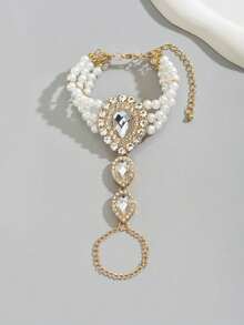 1 Pc Elegant Multi-Layer Bead Bracelet With Full Diamond Water Droplet Faux Pearl, Mother's Day Gift, Valentine's Day Gift - Gold - View 3