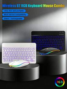 Juego de teclado y ratón inalámbrico de 10 pulgadas con retroiluminación RGB, silencioso recargable, delgado y portátil, compatible con tabletas, teléfonos, portátiles, para uso en oficina y juegos - Ver 1