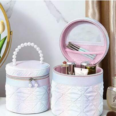Portable Water Bucket Bag With Large Capacity Rainbow Check Pattern Makeup Box Storage Box As A Gift For Wedding. Portable Household Item With A Mirror.