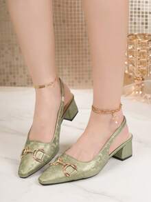 优雅女士包头凉鞋，中跟尖头金属扣，百搭通勤鞋，休闲日常穿着 - 綠色 - 查看 2