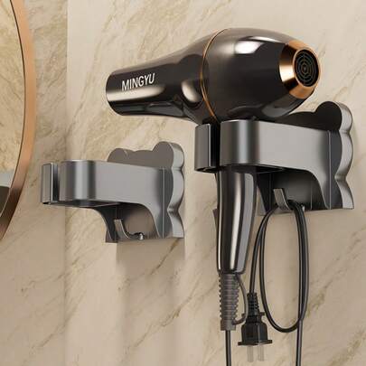 1个壁挂式吹风机支架 - 无需钻孔，安装简便，节省空间，适用于家居和浴室收纳，兼容多种吹风机型号，浴室收纳整理两相宜。