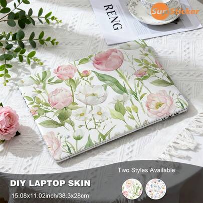 1张水彩风格贴纸，粉紫色花卉图案，适用于15英寸笔记本电脑，DIY贴膜，自粘，可裁剪，精准贴合，防刮擦，适合日常办公使用。