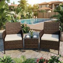 3PCS Outdoor Patio Bistro Set, PE Rattan Wicker Armchairs With Water-Resistant Cushions & Tempered Glass Coffee Table, All-Weather Conversation Set For Garden, Backyard, Porch, Poolside,Brown+Beige - Brown+Beige - 查看 9