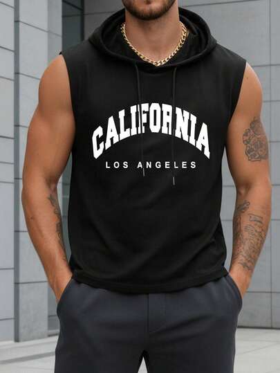Unisex Summer Printed Hooded Tank Top, Loose Breathable Vest Suitable For Daily Wear, Outdoor, Commuting, Sports