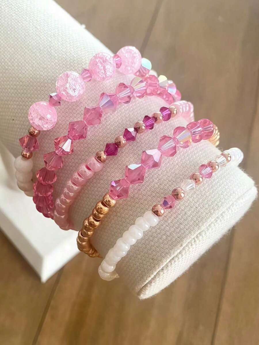 5pcs Delicate Pink Crystal Beads & White Rice Pearls, CCB Beads Multi-Layer Bracelet Set, Suitable For Women's Daily Wear - Multicolor - View 1