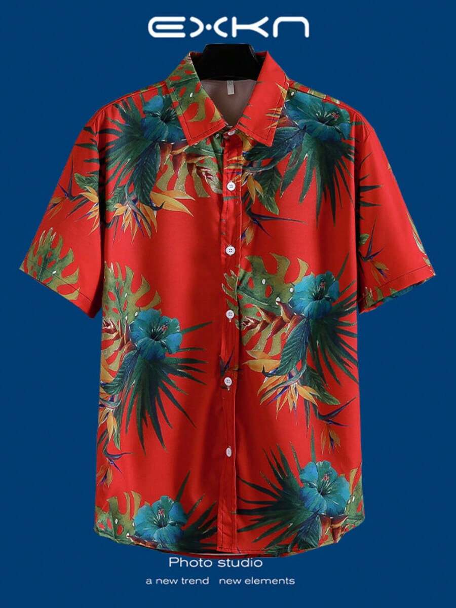 Tropical Paradise Pattern With  Green Palm Leaves And Vivid Blue Hibiscus Flowers Symbolizing Freedom And Vitality 3D Print Hawaiian Style Men's Button Up Casual Short Sleeve Shirt - A508D-AT22711 - 查看 1
