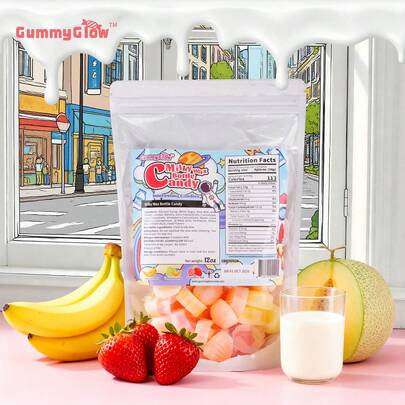 Gummy Glow 12oz Milky Wax Candy,55-65pcs,Variety Milk Fruity Flavor (Banana, Cantaloupe,Strawberry) Filled Fun Shapes Edible Wax Sweet Snack For Parties Bonbon Sweet Fruit Bite.Easter Treats.