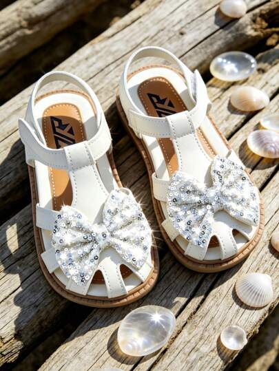 3-12 Years Old Girls' Sequin Lace-Up Flip Flops - White With Light Brown Non-Slip Thick Sole, T-Strap Design With Head Protection, Silver Sequin Lace Decoration & Metal Buckle Ankle Strap, Serrated Thick Rubber Edges, Luxury Elegant Princess Style, Suitable For Casual, Celebration, Travel In Spring & Summer