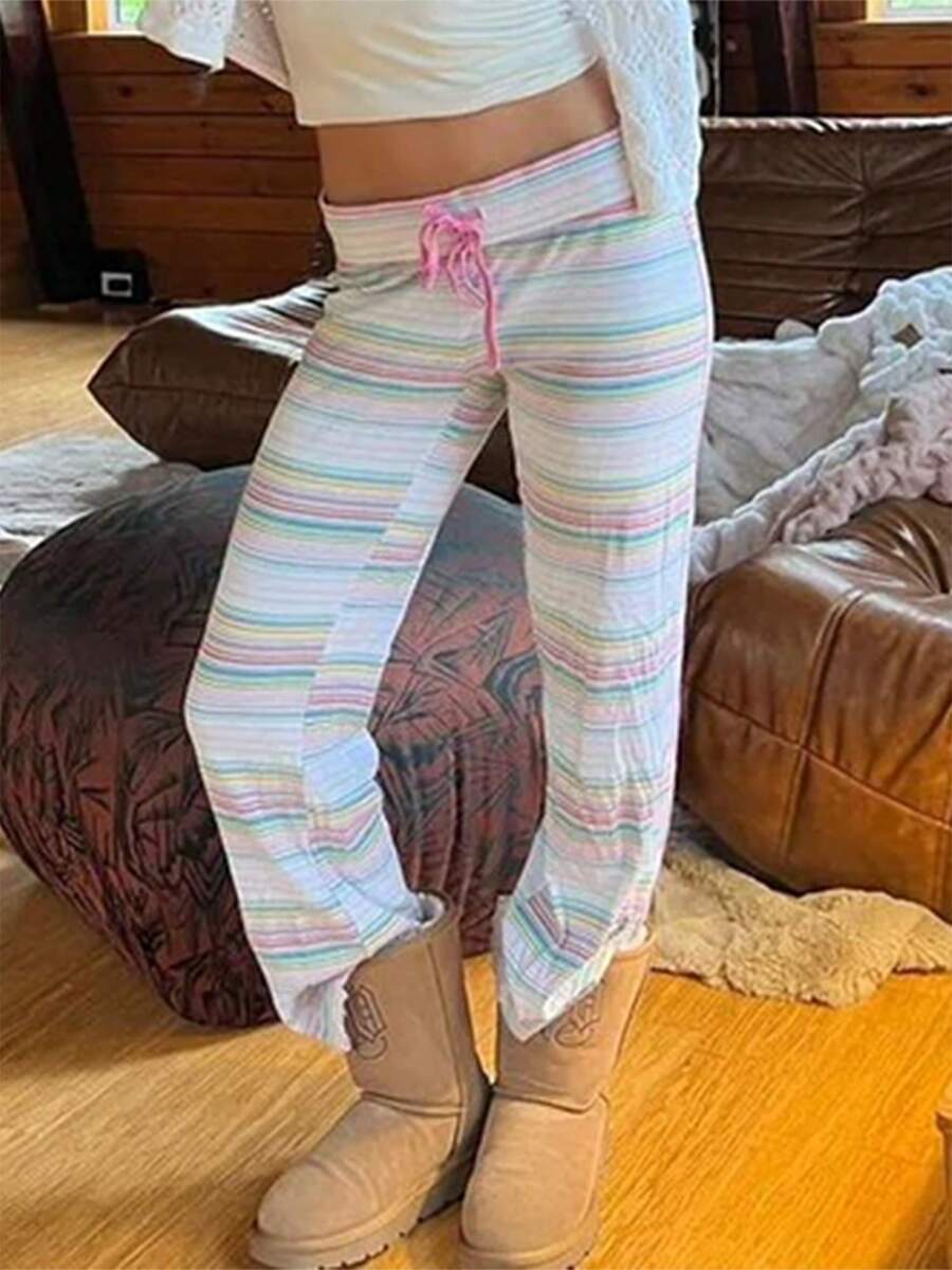 Women Lounge Pants Retro Fold Over Low Rise 2000s Colourful Stripe Stretch Flared Yoga Legging Bottoms Sweatpants - 青檸色 - 查看 1
