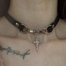 Y2K 星星吊坠 PU 皮革颈链，哥特式搭扣朋克风颈链，前卫街头风饰品 - 彩色 - 查看 2